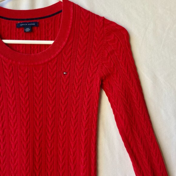 Tommy Hilfiger Apple Red Cotton Sweater Womens Size XXS Cable Knit Flag Preppy - Picture 5 of 16